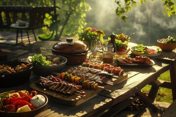 Obraz premium Vibrant Outdoor Barbecue Feast with Grilled Meats and Fresh Salads