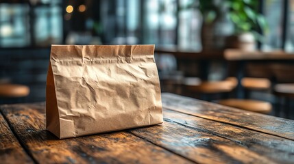 A rustic paper bag on a wooden table.