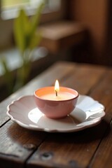 Small candle on a wooden table with a delicate heart-shaped plate underneath, heart, , wood