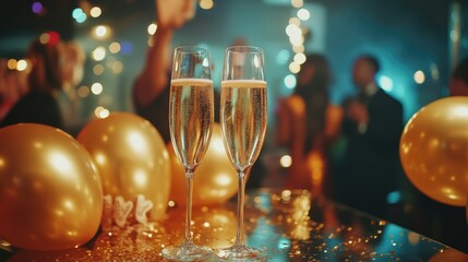 Two sparkling champagne flutes against festive background. Golden balloons, twinkling lights, celebration atmosphere. Wedding, corporate party, birthday, New Year, Christmas, prom. Wine glasses.