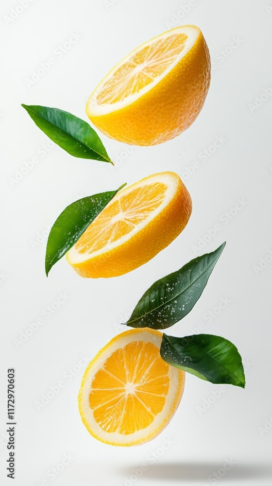 Poster three slices of fresh lemon, adorned with vibrant green leaves, levitate against a clean white backd