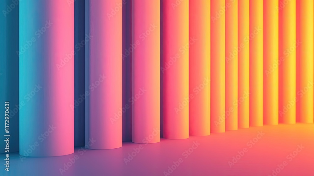 Poster neon abstract background idea. a vibrant gradient of colors illuminating cylindrical shapes in a mod