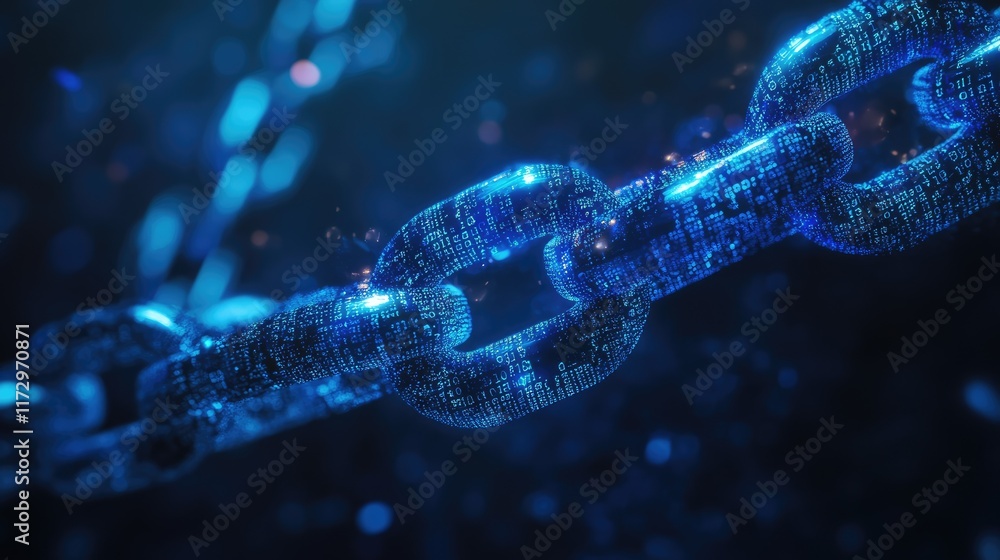 Poster Glowing blue chain with links made of binary numbers signifies data connection or blockchain technology against dark, blurred backdrop