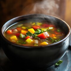 Colorful Vegetable Soup in Black Bowl with Steam Rising