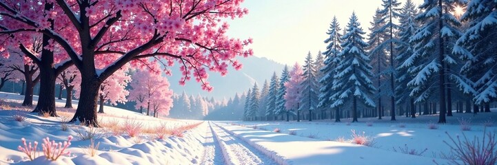 Fototapeta premium Snowy forest with cherry blossoms and pine trees, forest, frost