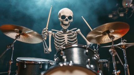Obraz premium Lively funny skeleton drummer play drums at stage in vibrant performance. Smoky atmosphere, playful energy. Humorous music party at hell. Halloween event, musical spirit of fun and creativity.