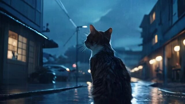 Rain outside is mixed falling stars, dreamy, surreal view captivates cat subtly night full of wonder, 2D anime style, 4k High-Quality background animation video