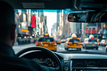 Evening drive through busy streets of a vibrant city filled with taxis and lights. Generative AI