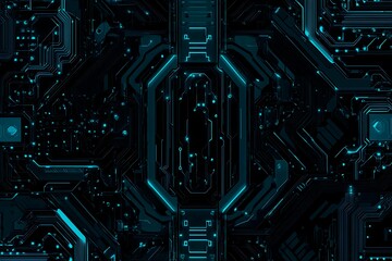 Abstract close-up of a glowing blue digital circuit board, showcasing intricate connections and technological design on a black background.
