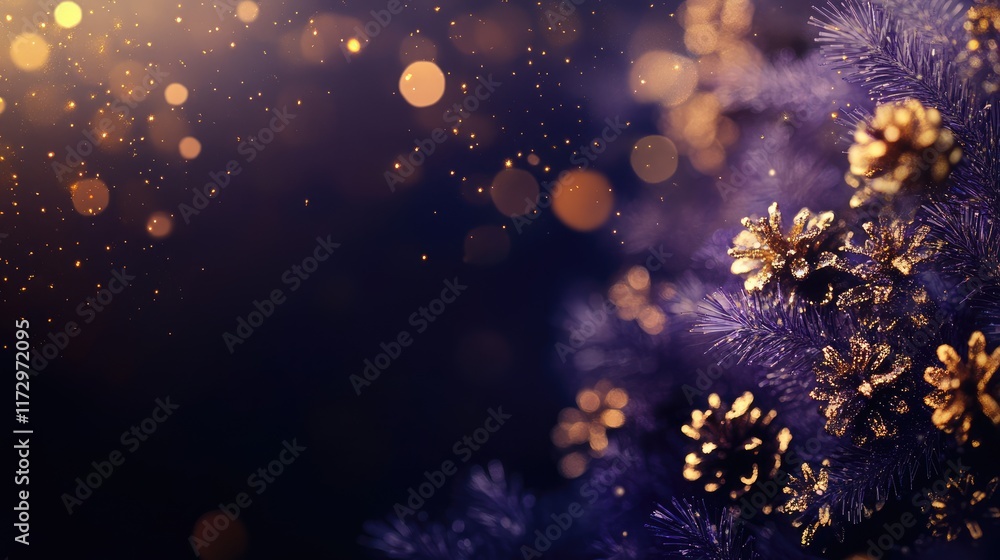 Poster gold and dark violet fireworks and bokeh in new year eve and copy space. abstract background holiday