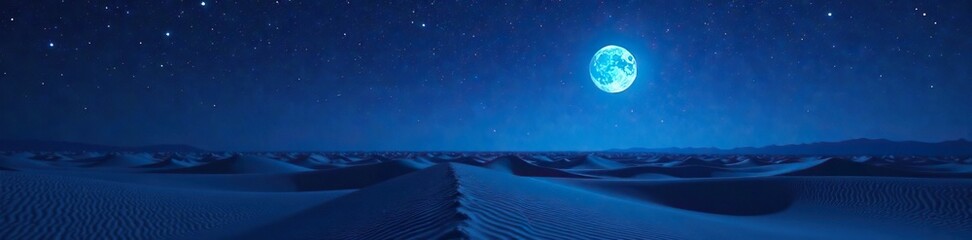 Starry skies above a vast desert landscape under a clear blue moon, night sky, sand