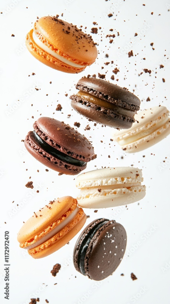 Poster assorted macarons with chocolate, vanilla, and caramel flavors are levitating against a white backgr