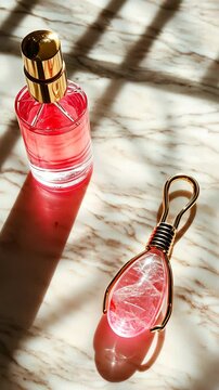 Pink perfume bottle and facial roller positioned on marble surface with soft light and shadows creating a calming aesthetic