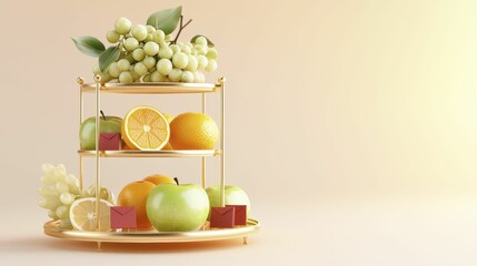 Fruits for Offering Elegant fruit display on a gold stand with soft background.