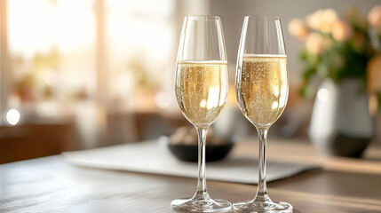 Two champagne flutes on a wooden table, sunlit room background, celebration, perfect for holiday or celebratory occasions