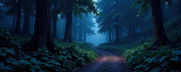 Twilight forest path winding through dense foliage, undergrowth, darkness, night