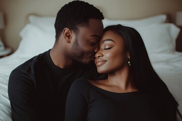 Young couple sharing intimate moment in bedroom