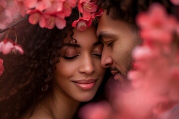 Romantic african american couple embracing among pink flowers. Spring cherry blossom in park. Love and romantic concept for Valentine's Day, anniversary and wedding 