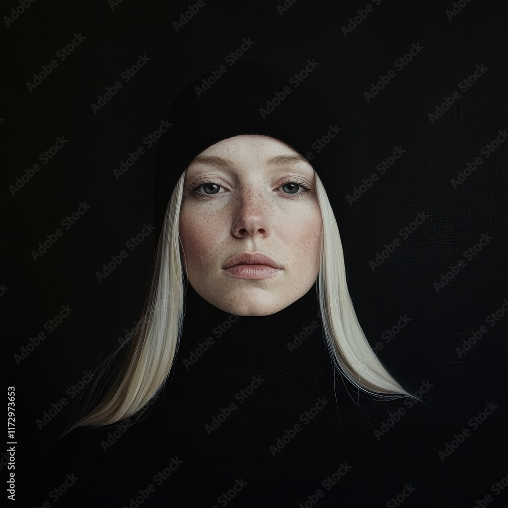 Poster introspective portrait of a woman studio setting dark mood close-up view reflecting inner thoughts