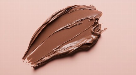 Close-up of a mocha mousse cosmetic cream swatch on a pastel background, showcasing the texture of the beauty product. 