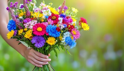 Woman s Hand Holding a Colorful Wildflower Bouquet, Bright Summer Day in a Meadow, Nature s Beauty