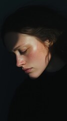 Somber emotional portrait of a woman studio lighting dark mood close-up introspection and reflection