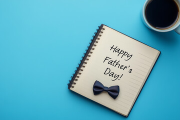 A notebook with the inscription "Happy Father's Day!" and a bow tie on a blue background, next to a coffee cup. Top view