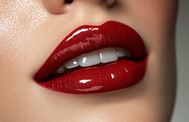 Fototapeta premium Glossy Red Lips Close-Up with Perfect Skin for Beauty Ads