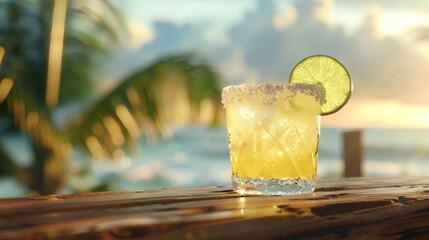 Refreshing Tropical Cocktail with Lime Slice and Salt Rim at Sunset