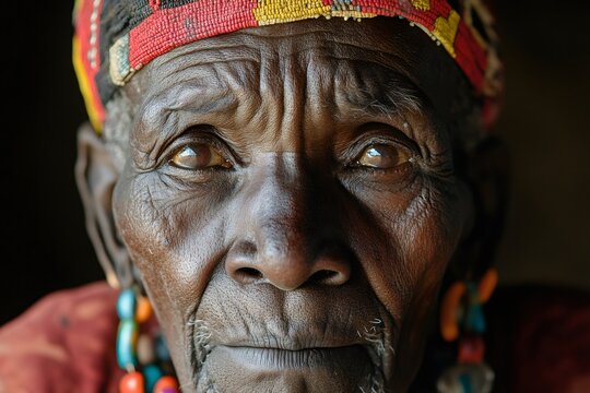 Portrait of hadzabe man wearing traditional headdress and jewelry