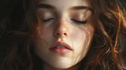 Naklejka premium Somber emotional portrait of a young woman intimate studio close-up dark moody aesthetic soft light