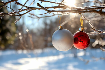 Winter Solstice ornaments hanging on a snowy tree branch, sun shining through, blurred winter forest background; ideal for Christmas or holiday greeting cards