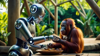 Close-up connection robot and orangutan share a meal in a lush digital art setting © sakson