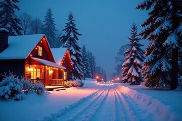 Winter landscape with long exposure shot of Christmas lights, frozen scenery, frosty air