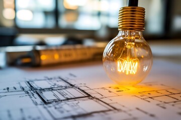 Glowing light bulb illuminating blueprint: new architectural project starting