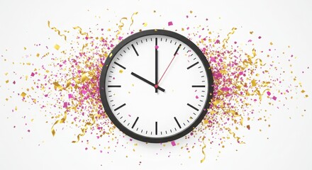 Black Wall Clock with Pink and Gold Confetti on White Background