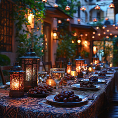 Outdoor evening Ramadan dinner table with lanterns, dates, courtyard background