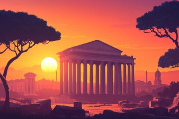 Majestic roman temple at sunset with warm colors and stone ruins