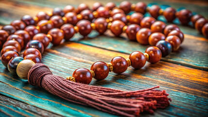 Wooden prayer beads on rustic surface
