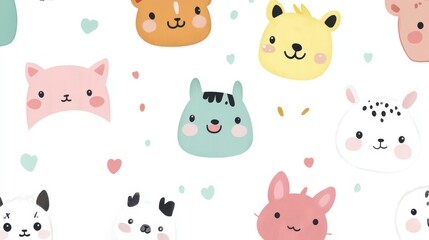 Adorable Cartoon Animal Faces Pattern Background