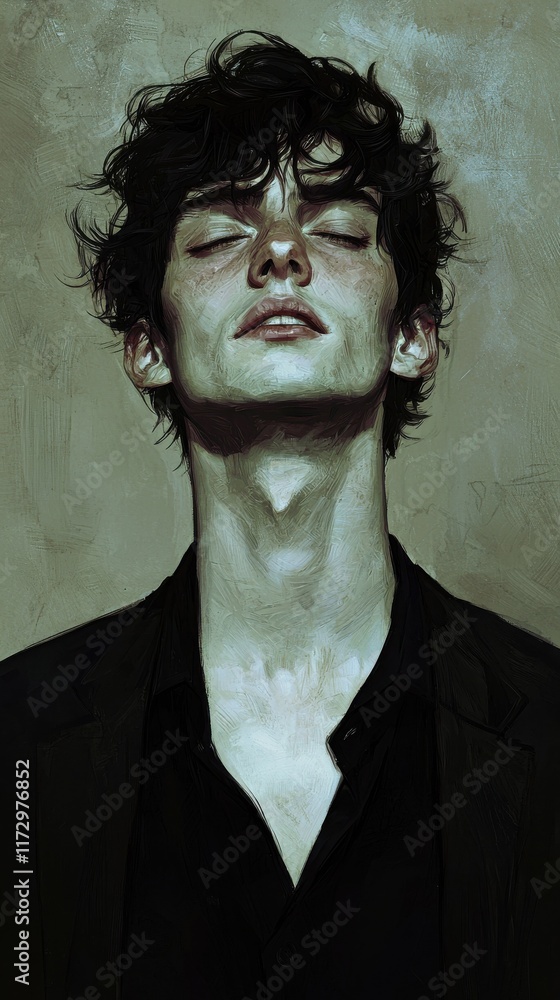 Poster Gritty introspective portrait of a young man studio setting dark moody atmosphere close-up view emotional depth