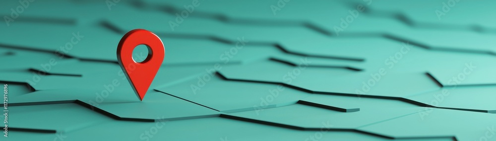 Poster a red location pin stands out against a textured teal background, symbolizing navigation and mapping
