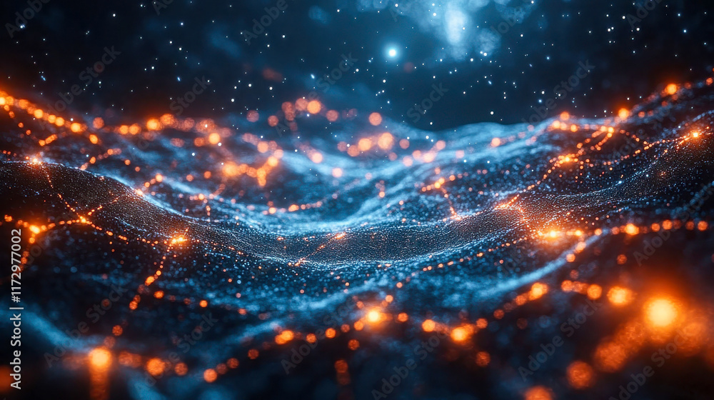 Aufkleber abstract glowing orange and blue network connections forming a web-like structure, depicting digital