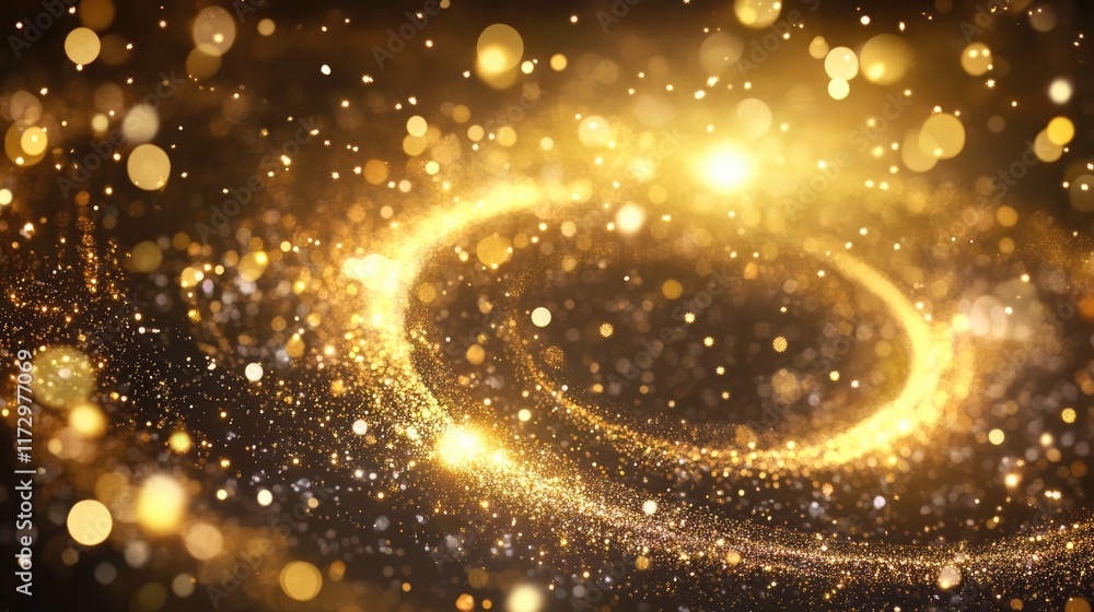 Poster gold sparkling light circle with shimmering particles with glare flare effect. christmas and new yea