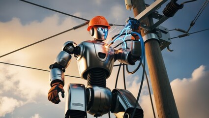Robotic technician repairing power lines urban setting digital art daylight dynamic concept