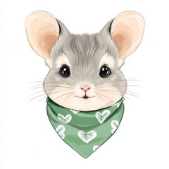 Obraz premium Adorable Small Chinchilla Wearing Vibrant Green Heart Bandana, Cozy and Cute Animal Pet
