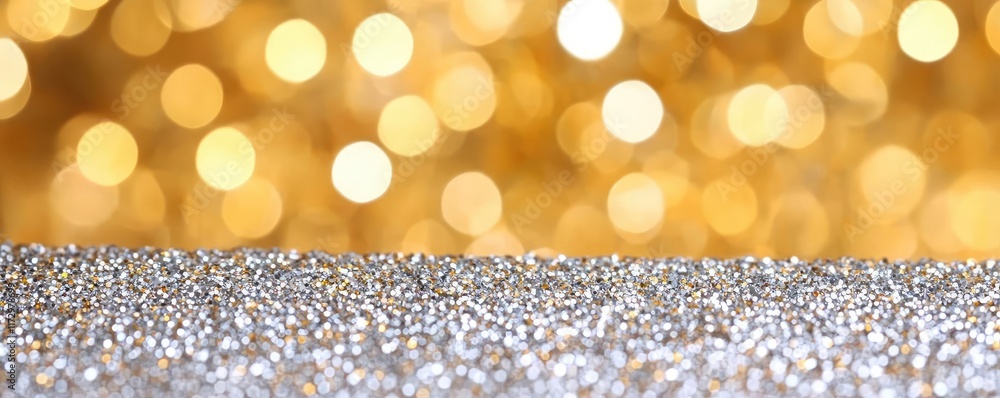 Poster glitter abstract background concept. glittery surface with golden bokeh lights in the background for
