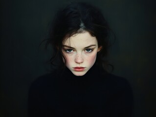 Fototapeta premium Gritty introspective portrait of a young girl dark studio emotional moody atmosphere close-up reflection