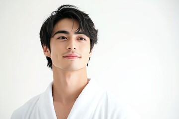Portrait of Young Japanese Male Model in Bathrobe for Beauty and Skincare Advertisement