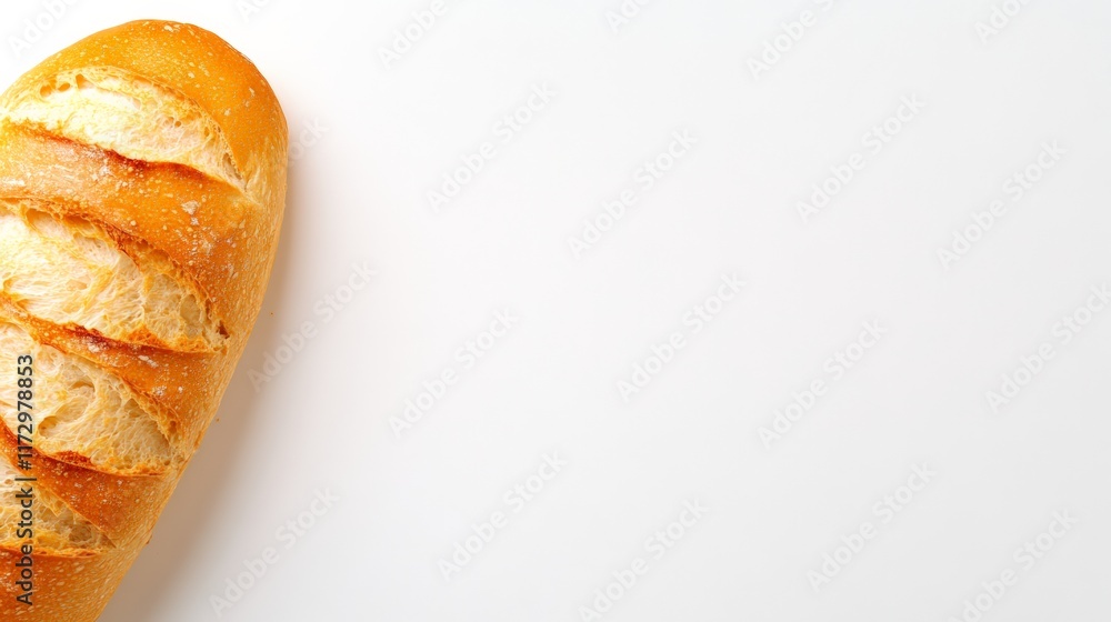 Fototapete Freshly baked loaf of bread levitating on a white background, creating a visually appealing image with ample copy space for text or design elements